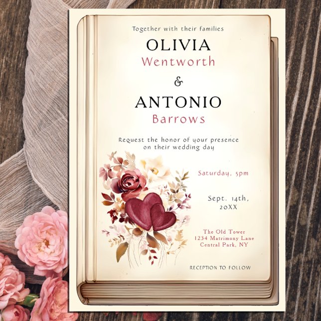 Vintage Book Cover Burgundy Passion Wedding Invitation (Creator Uploaded)