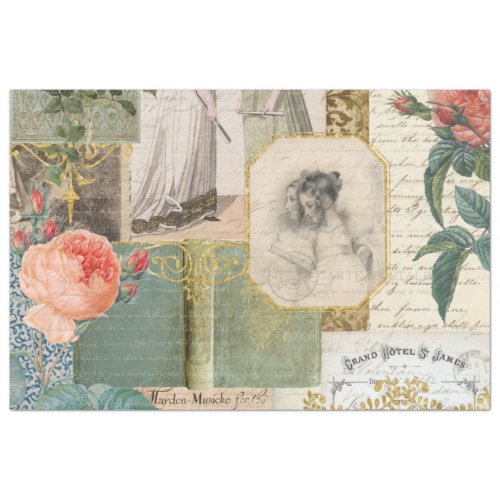 Vintage Book Ephemera Decoupage Rose Floral Mint Tissue Paper
