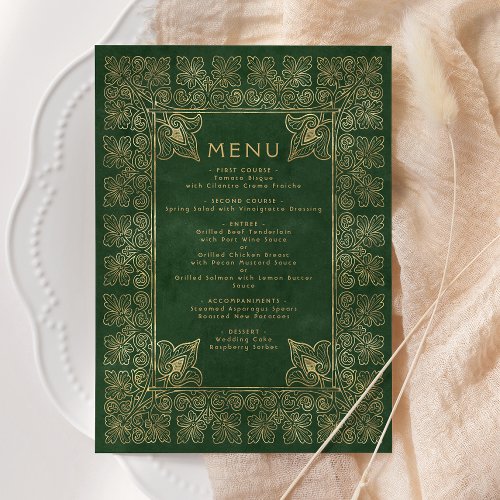 Vintage Book Green Gold Wedding Menu