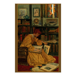 Vintage Book Lover Art Print   Art Nouveau Woman 