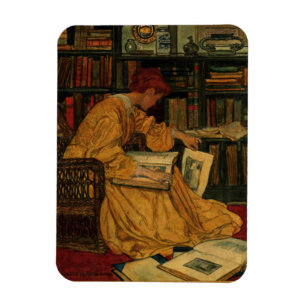 Vintage Book Lover Art Print   Art Nouveau Woman  Magnet