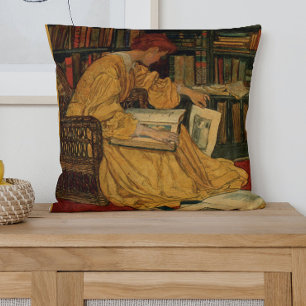 Vintage Book Lover Art Print   Art Nouveau Woman  Throw Pillow