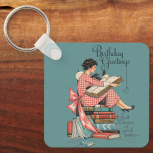 Vintage Book Lover Birthday Illustration Keychain