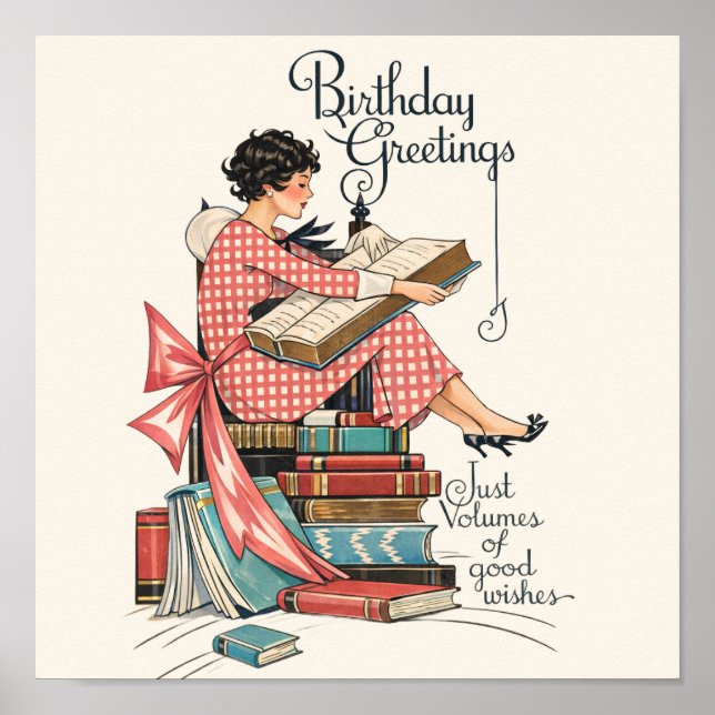 Vintage Book Lover Birthday Illustration Poster (Front)