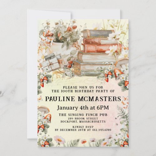 Vintage Book Lover Cottagecore 100th Birthday Invitation