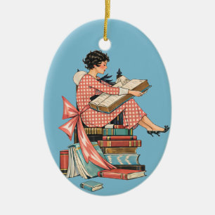 Vintage Book Lover Reading Illustration Ceramic Ornament