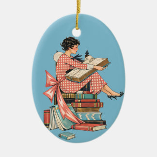 Vintage Book Lover Reading Illustration Ceramic Ornament