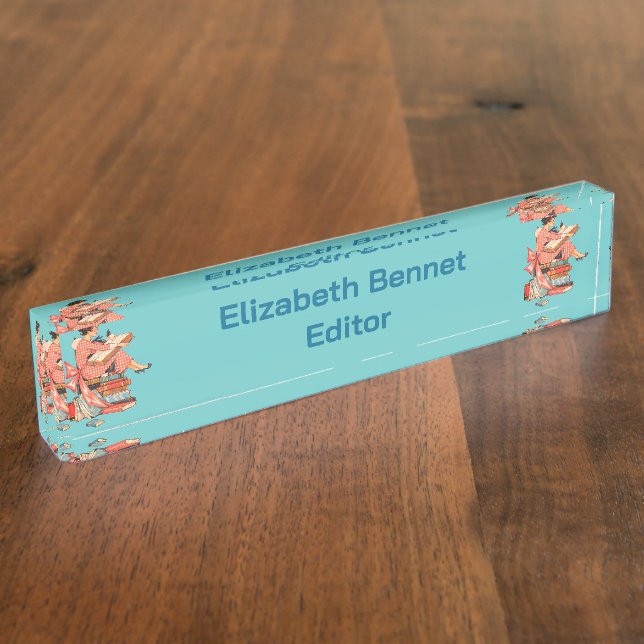 Vintage Book Lover Reading Illustration Desk Name Plate (Side)
