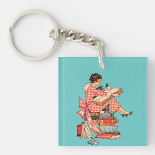 Vintage Book Lover Reading Illustration Keychain