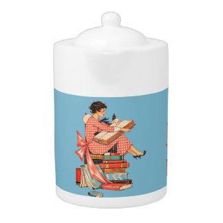 Vintage Book Lover Reading Illustration Teapot