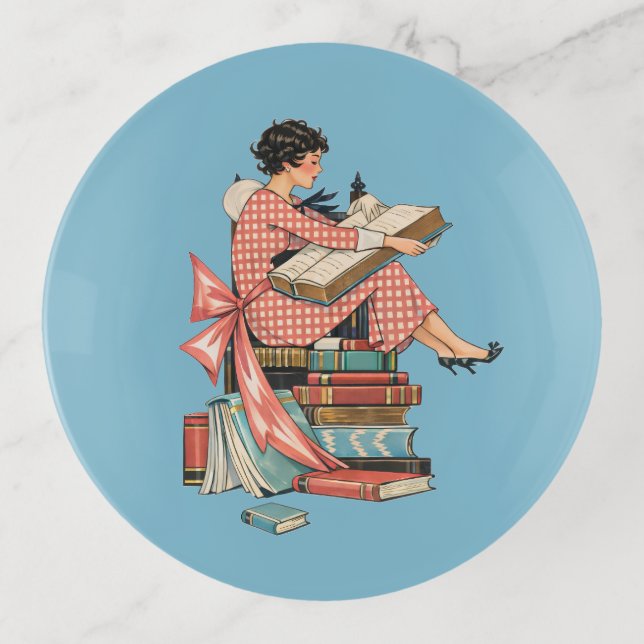 Vintage Book Lover Reading Illustration Trinket Tray (Front)