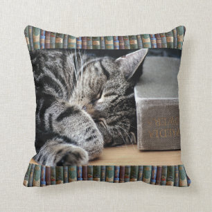 Vintage Book Lover Sleeping Cat Cushion