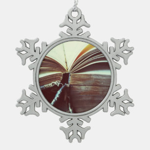 Vintage book open snowflake pewter christmas ornament