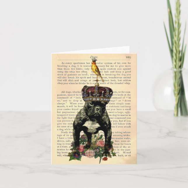 Vintage Book Page French Bulldog King Notecard (Front)