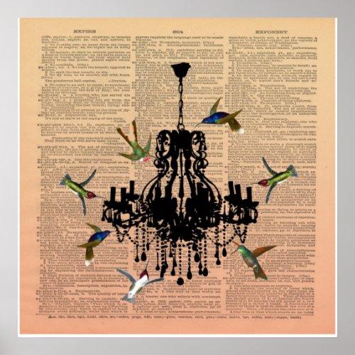 Vintage Book Page Hummingbird Chandelier Poster