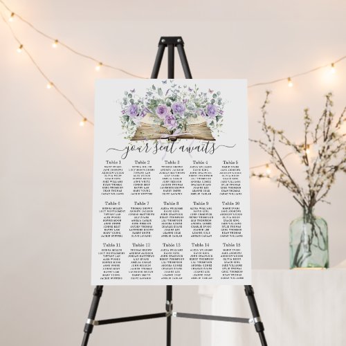 Vintage Book Purple Floral Bridal Seating Chart Foam Board