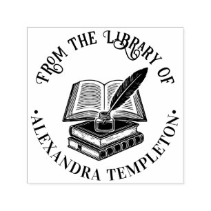 Vintage Book, Quill & Ink Library Book Name Self-inking Stamp
