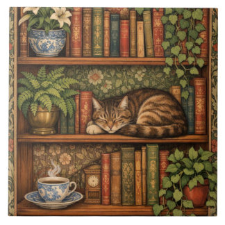 Vintage book shelf with cat and coffee ceramic tile