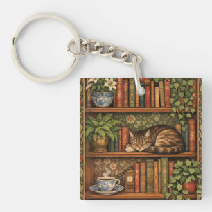 Vintage book shelf with cat and coffee keychain