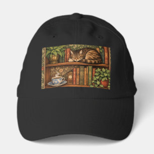 Vintage book shelf with cat and coffee performance cap