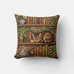 Vintage book shelf with cat and coffee throw pillow