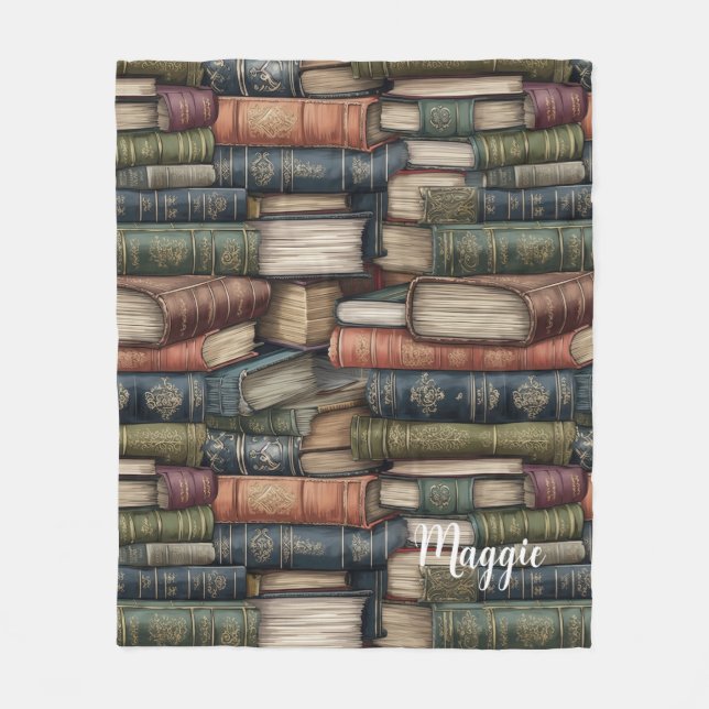 Vintage Book Stack Fleece Blanket (Front)