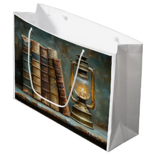 Vintage Book Stack Painting Antique Library Wall Large Gift Bag
