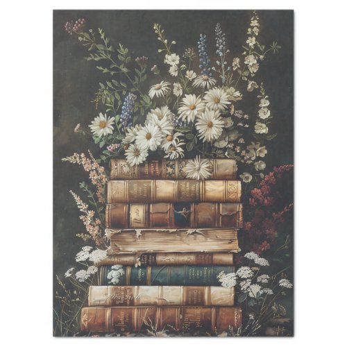 Vintage Book Stack with Wildflowers Decoupage Tissue Paper