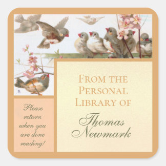 Vintage Bookplate Birds on Fence Peach Trim