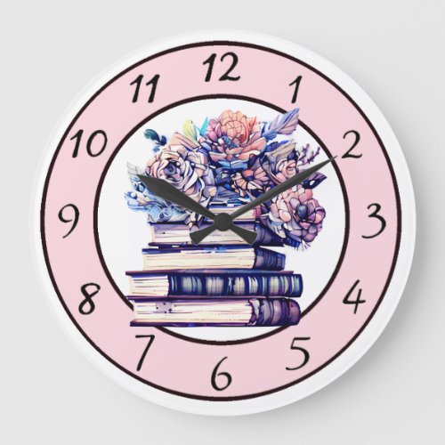 Vintage Books and Pink Roses Quote Large Clock