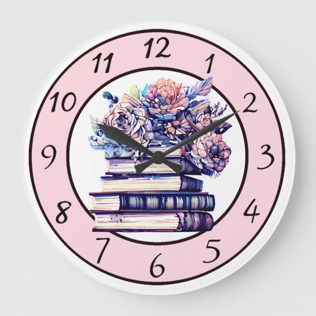 Vintage Books and Pink Roses Quote Large Clock (Front)