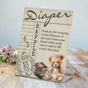 Vintage Books Bear Baby Shower Diaper Raffle Card Pedestal Sign