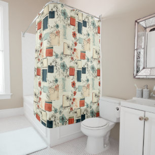 Vintage Books Coral Teal Floral Scrapbook Shower Curtain