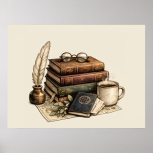 Vintage Books & Cozy Reading Nook Poster