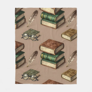 Vintage Books Feathers Glasses Pattern Fleece Blanket