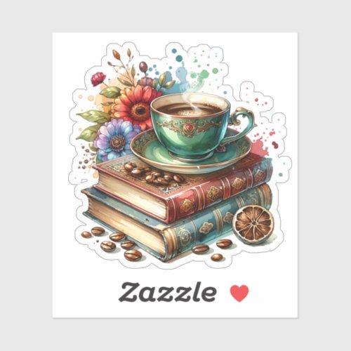  Vintage Books Flowers and Coffee or Tea Sticker