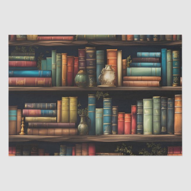 Vintage Books on Bookshelf Pattern Decoupage Tissue Paper (Front)