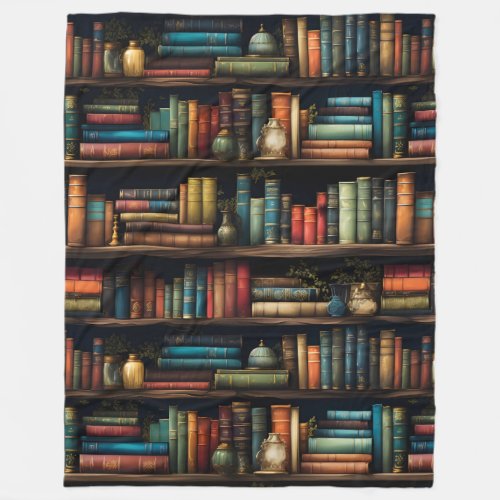Vintage Books on Bookshelf Pattern Fleece Blanket