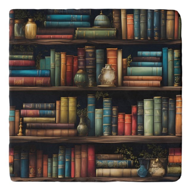 Vintage Books on Bookshelf Pattern Kitchen Trivet (Front)