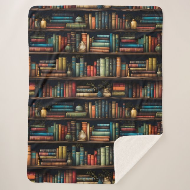 Vintage Books on Bookshelf Pattern Sherpa Blanket (Front)