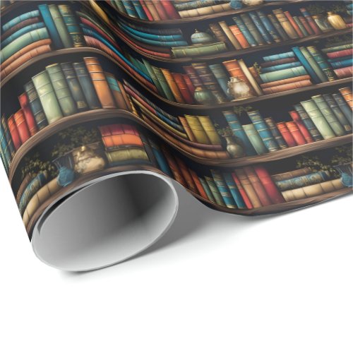 Vintage Books on Bookshelf Pattern Wrapping Paper