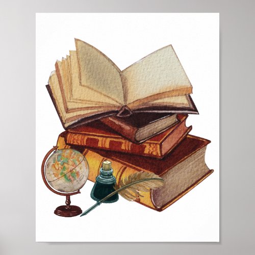 Vintage Books Quill Ink and Globe Collage Poster