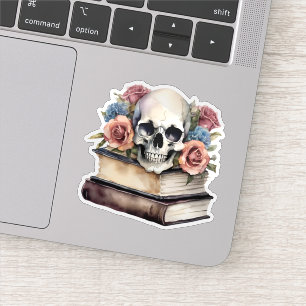 Vintage Books with Gothic Skull and Flowers Sticker