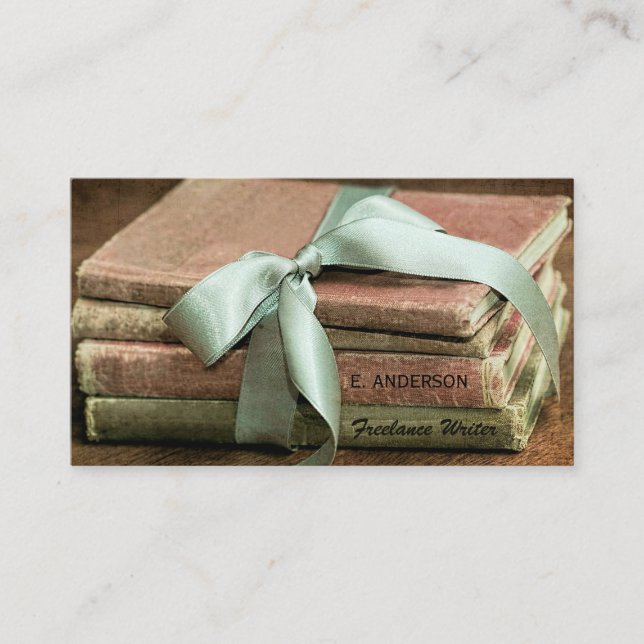 Vintage Books With Mint Ribbon Freelance Writer Business Card (Front)