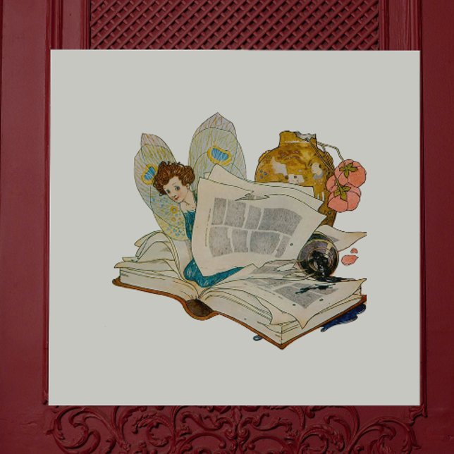 Vintage Bookworm Fairy Reading Illustration Ceramic Tile (Creator Uploaded)