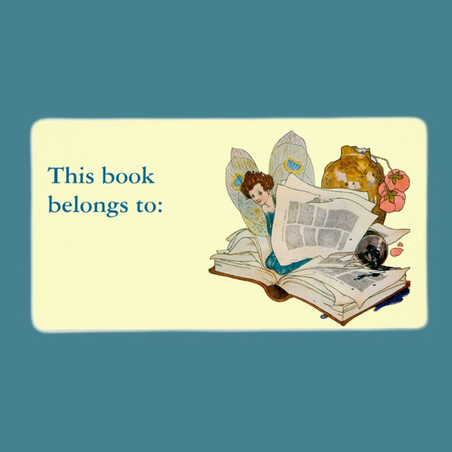 Vintage Bookworm Fairy Reading Illustration Label (Creator Uploaded)