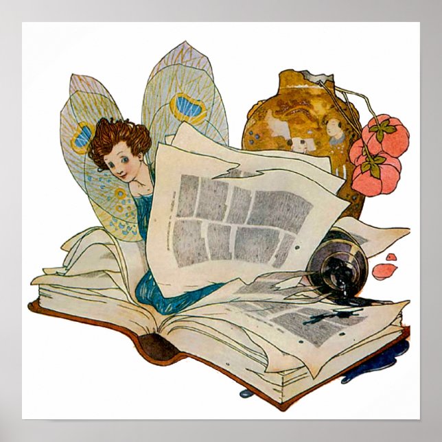 Vintage Bookworm Fairy Reading Illustration Poster (Front)