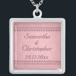 Vintage Bordeaux Deco Lace on Pink Wedding Silver Plated Necklace<br><div class="desc">A vintage style invitation for your upcoming nuptials featuring a bordeaux colored art deco style lace trim on a pink background with a subtle damask pattern. The text is fully customizable for your own special occasion. This elegant design coordinates with the Vintage Bordeaux Deco Lace on Pink Wedding Collection. If...</div>