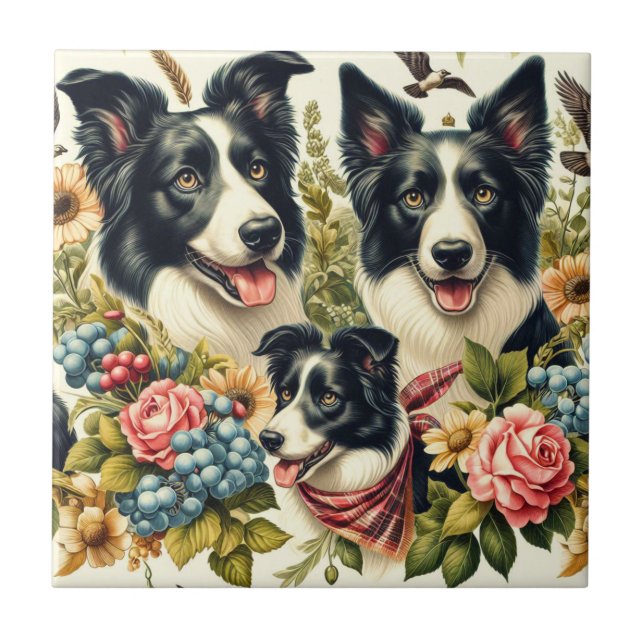 Vintage Border Collie Illustration Ceramic Tile (Front)