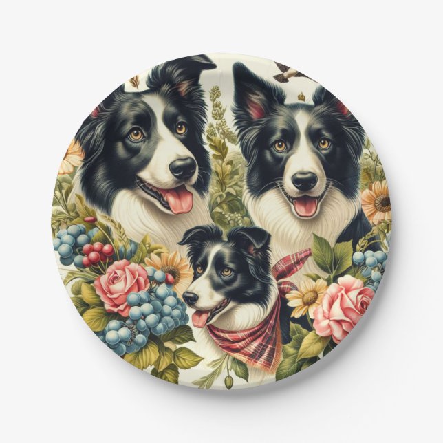 Vintage Border Collie Illustration Paper Plates (Front)